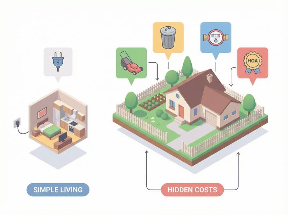 A colorful digital illustration depicts a house with icons representing utilities and costs such as water, trash, gardening, and maintenance, emphasizing the importance of managing hidden household expenses for simpler living and cost savings.