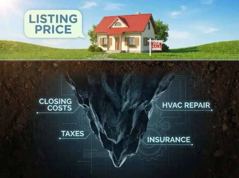 Bright image of a house with a 'For Sale' sign and a speech bubble with "Listing Price," indicating real estate marketing strategies.