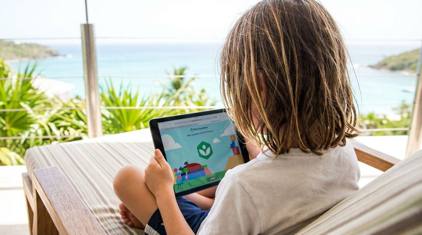 A child sitting on a tropical balcony engaging with an online learning platform on a tablet. Child using tablet on seaside balcony with ocean view and greenery.