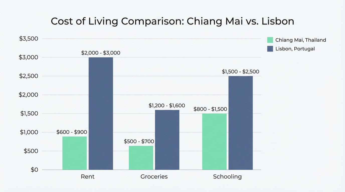 Bar chart comparing estimated monthly costs for a family in Chiang Mai versus Lisbon. Alt text: Illustration comparing costs of rent, groceries, and schooling between Chiang Mai, Thailand, and Lisbon, Portugal, showing Chiang Mai's lower expenses in all categories.