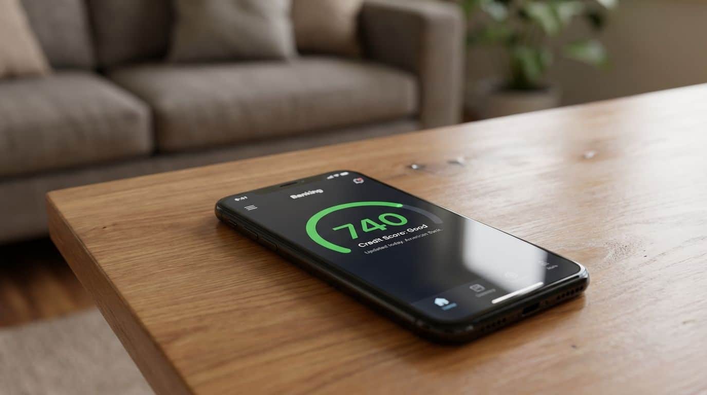 Smartphone screen displaying a credit score of 740 on a banking app. Healthy Couch.