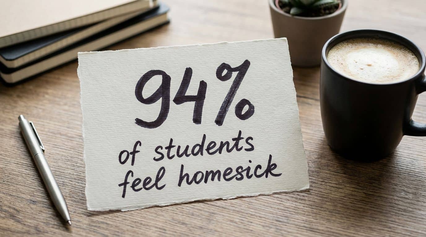 A handwritten note on a desk displaying the statistic that 94% of students experience homesickness. Comfortable Coffee and Notes.