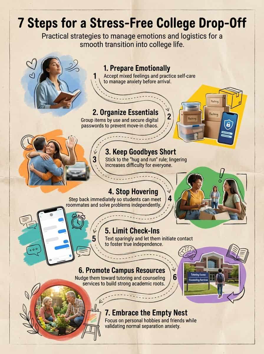 7 Steps for a Stress-Free College Drop-Off (Checklist) Efficient guide on managing stress and emotions during college transition, including organizing essentials, setting boundaries, utilizing campus resources, and fostering personal well-being.