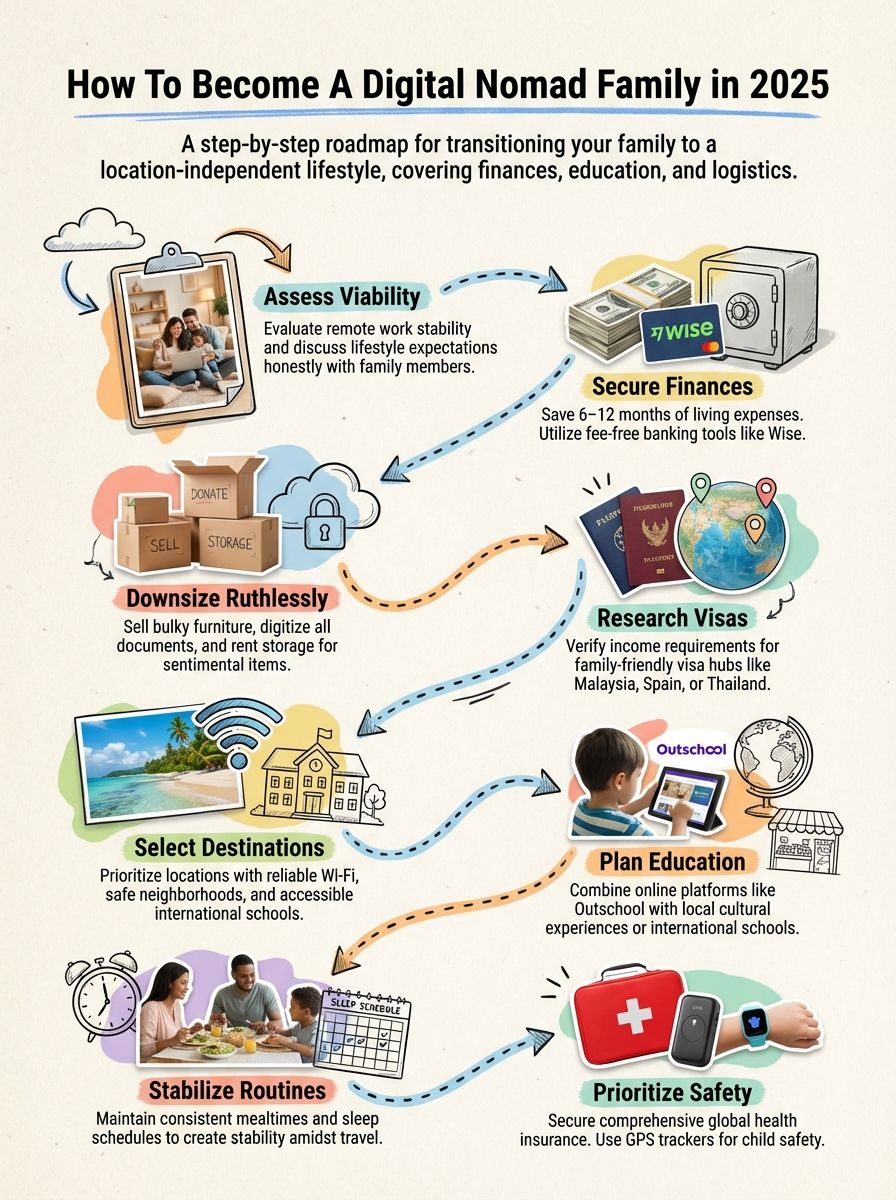 Alt text: Infographic outlining steps for families to become digital nomads in 2025, covering viability, finances, visa research, destination selection, routine stabilization, education planning, safety, and downsizing.
