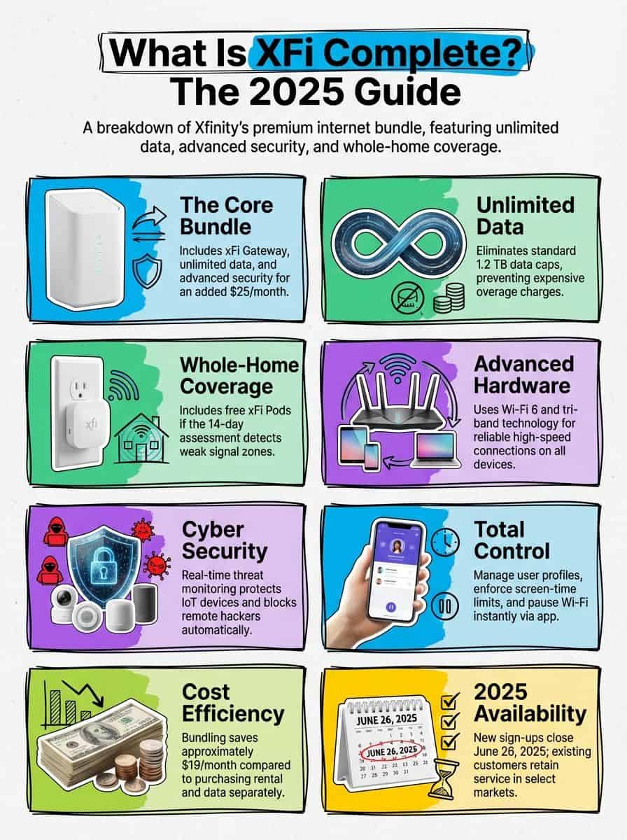 Comprehensive XFi internet bundle overview with security, unlimited data, home coverage, and hardware details.