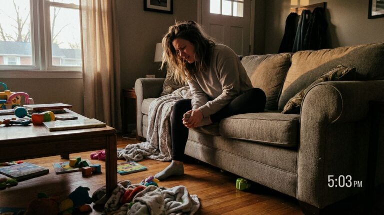 Overwhelmed woman sits on sofa in messy living space with scattered toys and clutter, capturing household stress and parenting challenges.