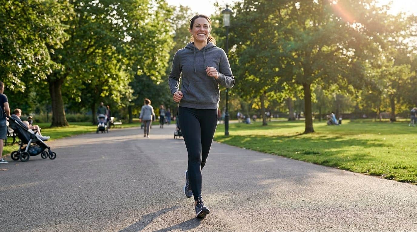 Young woman jogging in a sunlit park, smiling with a joyful expression, surrounded by green trees and other park visitors, capturing the essence of outdoor exercise and health.