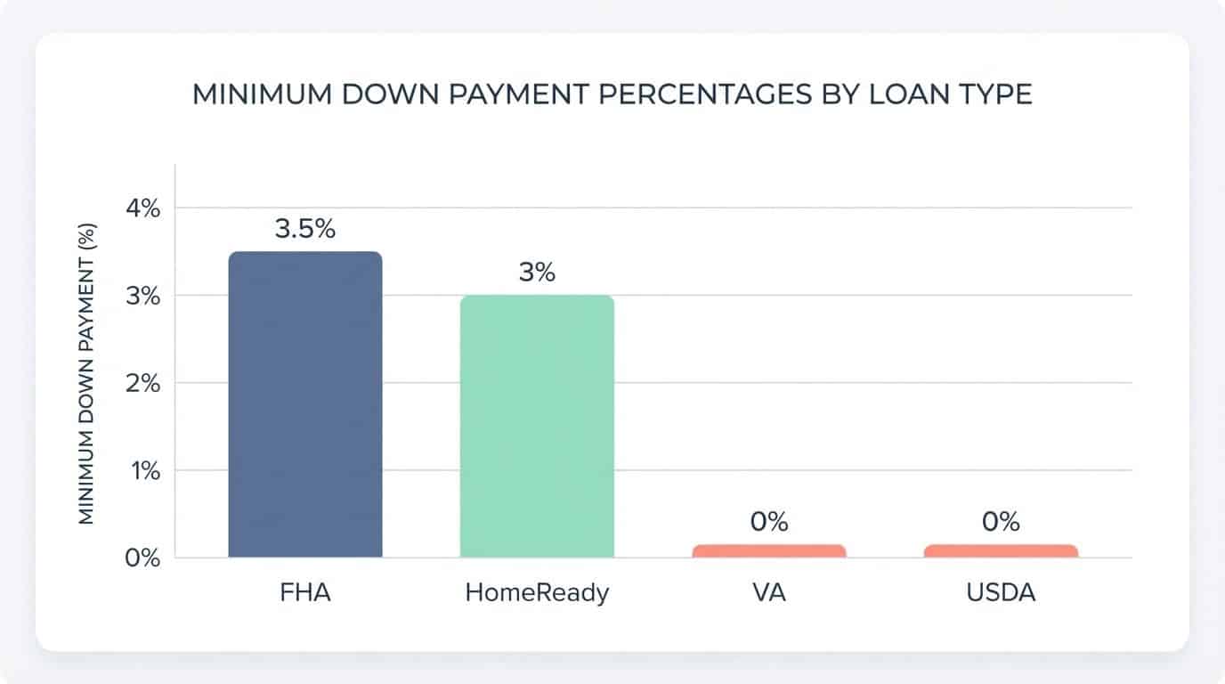 Bar chart comparing minimum down payment percentages for FHA, HomeReady, VA, and USDA loans. Minimum down payment percentages for FHA, HomeReady, VA, and USDA loans represented in a bar chart. FHA loans require 3.5%, HomeReady requires 3%, while VA and USDA loans have 0% down payment requirements, highlighting loan options for homebuyers.