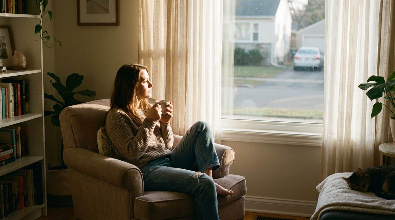 The mother sitting quietly in her living room with a cup of coffee, reflecting on the empty nest. Comfortable seating for relaxing mornings and enjoying coffee while looking outside.