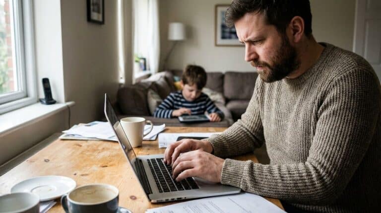 Focused man working on laptop with young child in background at home.
