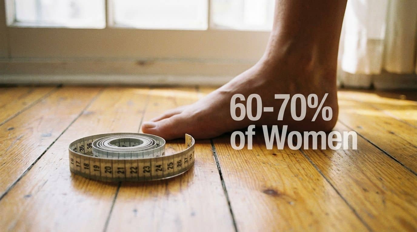 Close-up of a women's foot measuring body dimensions on a wooden floor with a measuring tape, highlighting health, wellness, and aging.