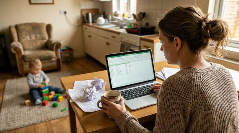 Efficient mom working on a laptop while supervising her toddler in the play area at home, managing household tasks and remote work seamlessly with spreadsheets.
