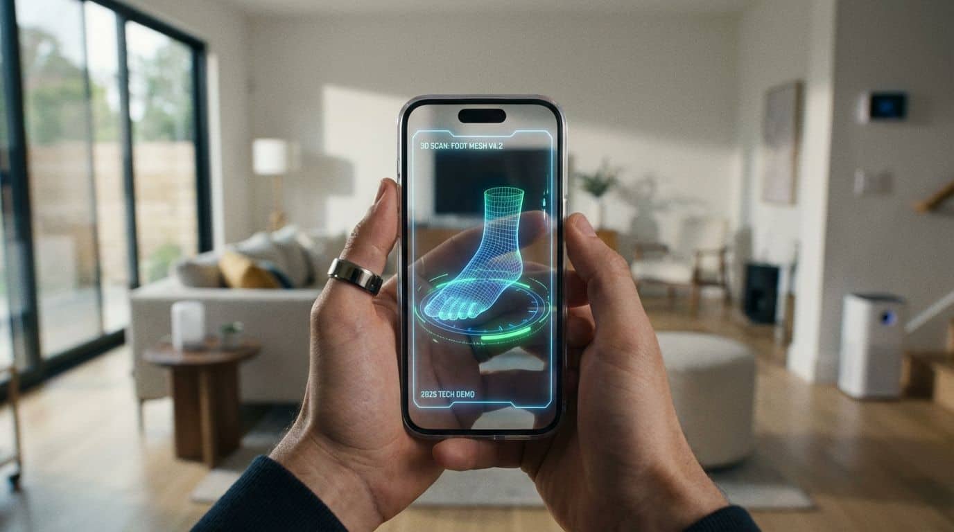 High-tech foot scan using augmented reality displayed on smartphone for personalized foot health analysis.