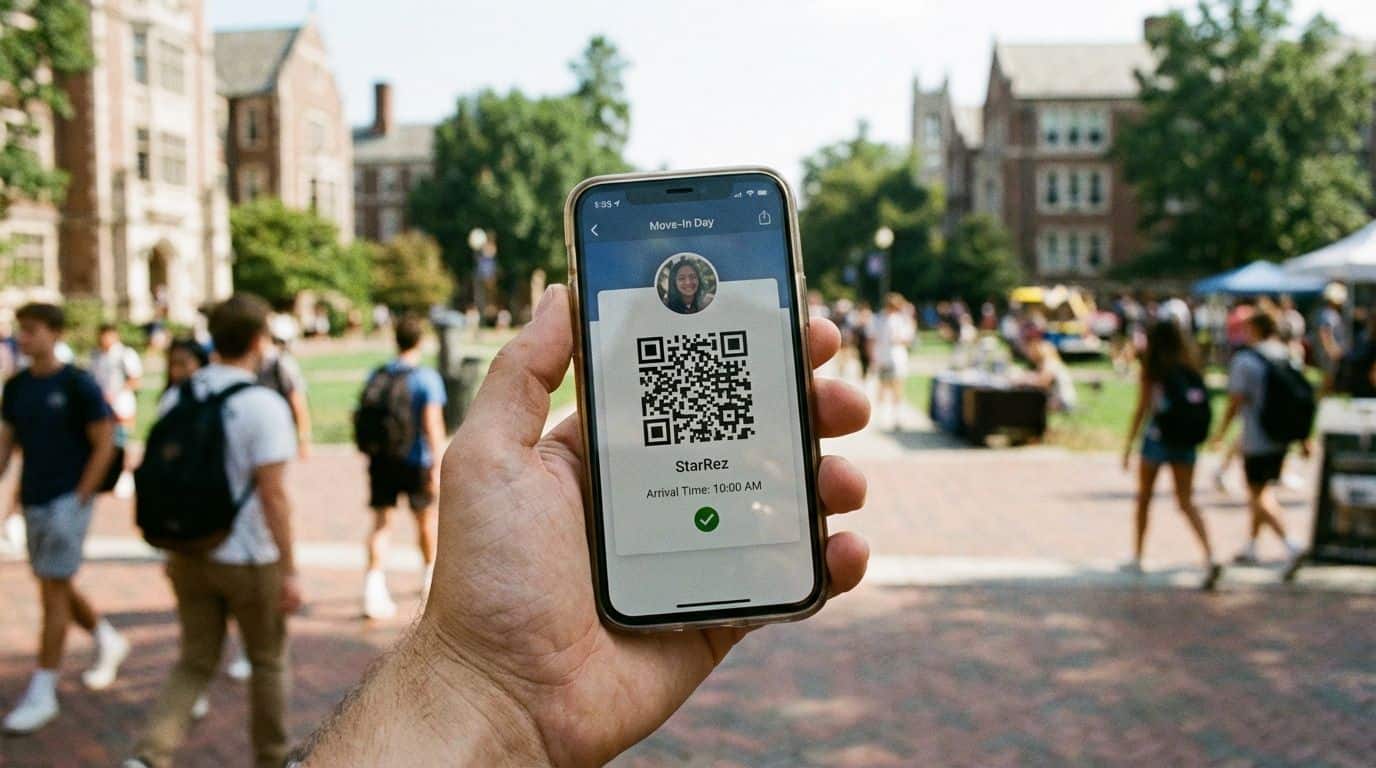 A close-up of a hand holding a smartphone showing a digital move-in arrival app. QR code check-in app for students attending college campus events and orientation.