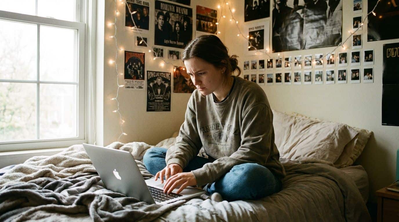 A female student sitting on her dorm bed using a laptop to manage her schedule and finances. A young woman sitting on a cozy bedroom bed, focused on her laptop, with musical posters and photos decorating the wall, creating a personalized, artistic space.