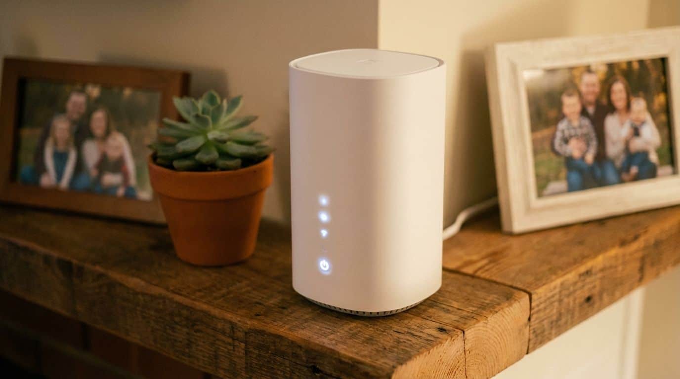 A sleek white modem tower sitting on a home entertainment shelf next to a plant. Compact white air purifier on wooden shelf with family photos and a potted succulent in the background. Perfect for improving indoor air quality and creating a healthy living environment.