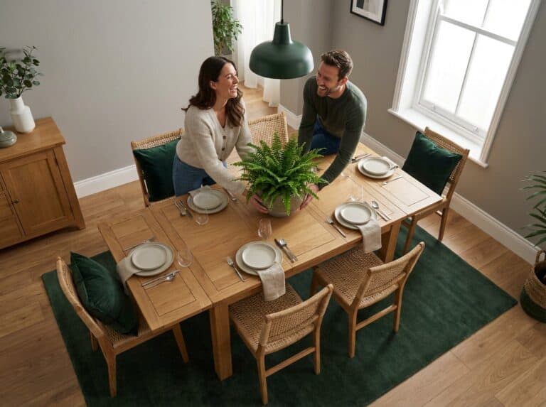 A cheerful couple enjoying a meal in a stylish, cozy dining room featuring wooden furniture, green cushions, and abundant natural light.