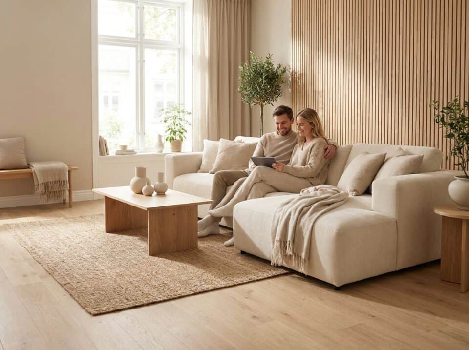 Choosing New Home Furnishings Together: A Guide for Couples 2 Bright living room with comfortable cream-colored sofa, wooden accents, and large window offering natural sunlight, creating a warm, inviting space perfect for relaxing or family time.
