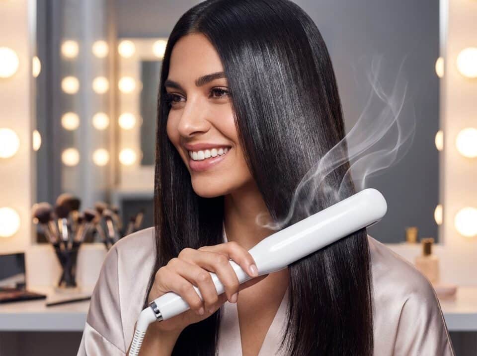 Heat Styling Safety Guide: Protect Your Hair and Home 2 High-quality image of a woman with shiny, straight hair using a flat iron in a professional salon setting, with illuminated mirrors and makeup brushes in the background.