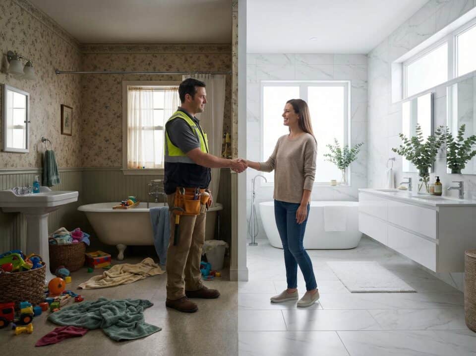 How to Hire a Bathroom Contractor: The Ultimate Pre-Remodel Checklist 2 A handyman and woman shaking hands, symbolizing home renovation and improvement collaboration, contrasting messy children’s playroom and newly renovated stylish bathroom.