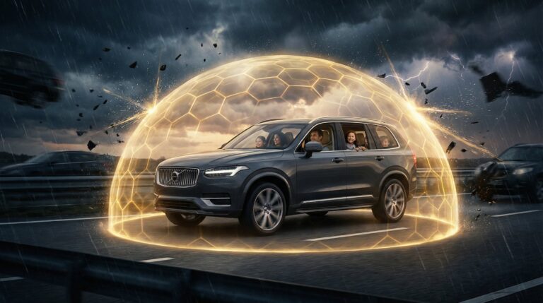 High-tech vehicle collision protection with advanced autonomous safety features, lightning-fast response, and family-friendly design for secure road trips.