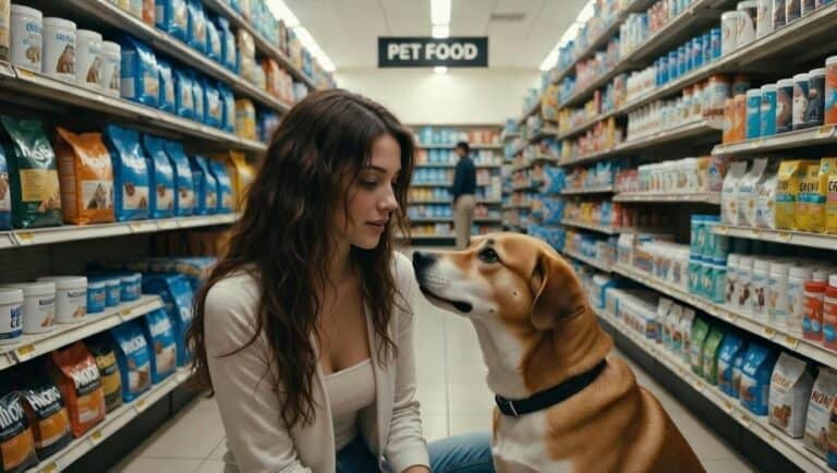 Adorable woman with dog in pet food aisle at supermarket, exploring various dog food options for pet nutrition, showcasing friendly bond between owner and pet in-store shopping.