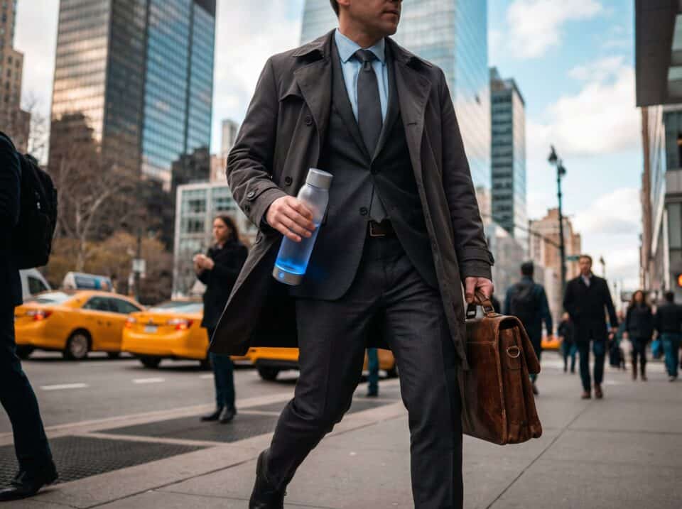 7 Practical Hydration Tips for Busy Professionals to Boost Productivity 2 Urban businessman with water bottle and briefcase walking through busy city street during daytime.