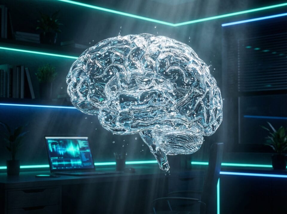 7 Practical Hydration Tips for Busy Professionals to Boost Productivity 3 Futuristic digital brain hologram with neon lighting for technology and innovation concept.