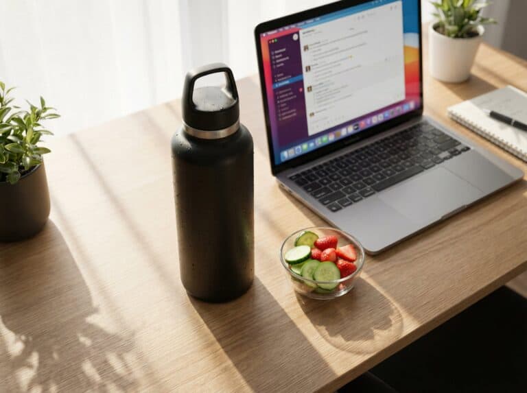 Close-up of a workspace with a laptop, water bottle, bowl of fresh strawberries and cucumbers, and potted plants, highlighting productivity and healthy habits for remote workers.