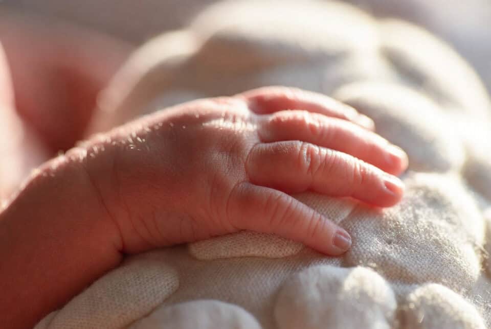 Close-up of a newborn baby's tiny hand gently resting on a plush, textured blanket, highlighting delicate skin and minimalistic details.