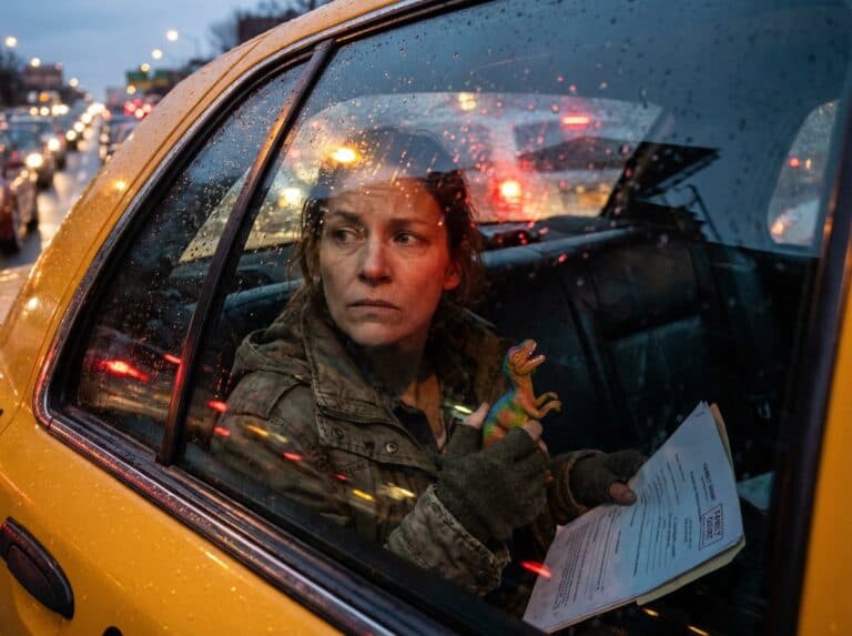 Rainy city street scene with taxi driver inside vehicle, holding a small dinosaur toy and a document, amidst blurred traffic lights and heavy rain reflections.
