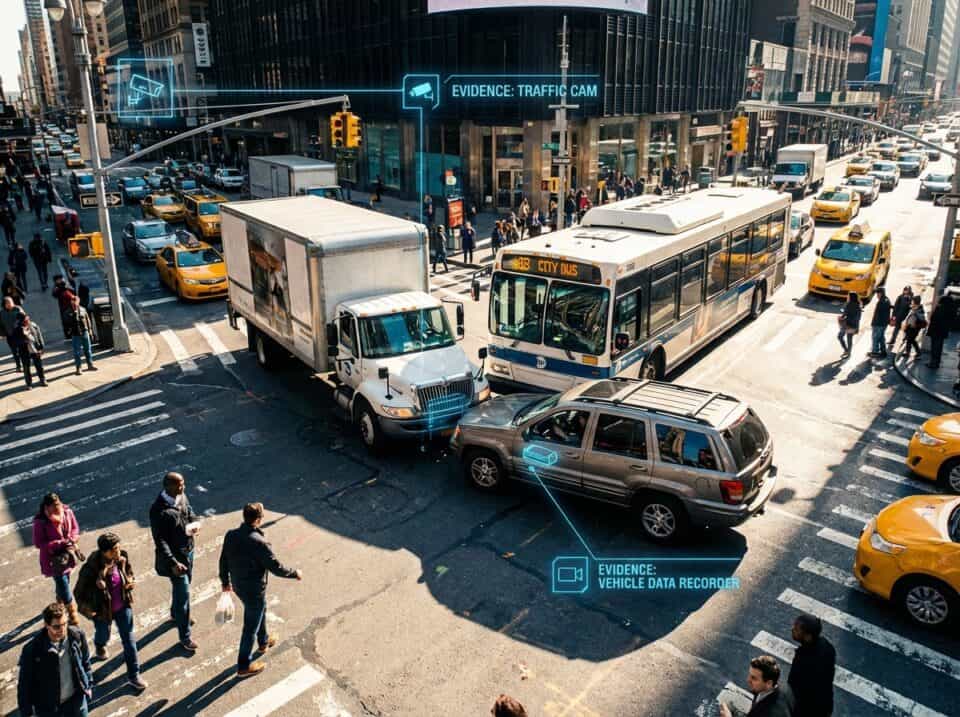 When to Hire a NYC Car Accident Lawyer: A Mom's Guide to Protecting Your Family 2 A busy city intersection showing cars, buses, pedestrians, and urban infrastructure. Digital overlays highlight vehicle data recorder and evidence of traffic monitoring technology, emphasizing smart city traffic management.
