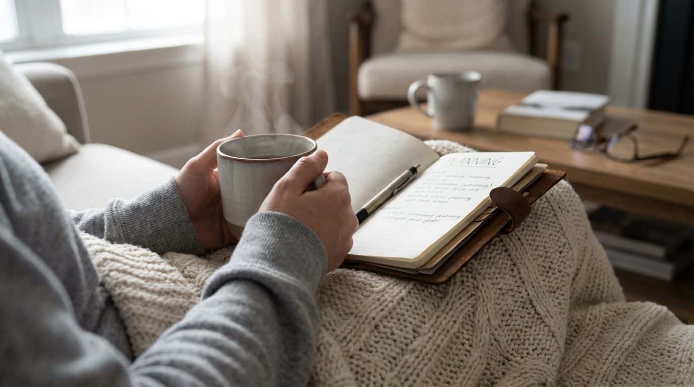Cozy person holding a warm coffee mug with a notebook and pen for daily planning, surrounded by other books and coffee cups, in a bright, inviting home setting.