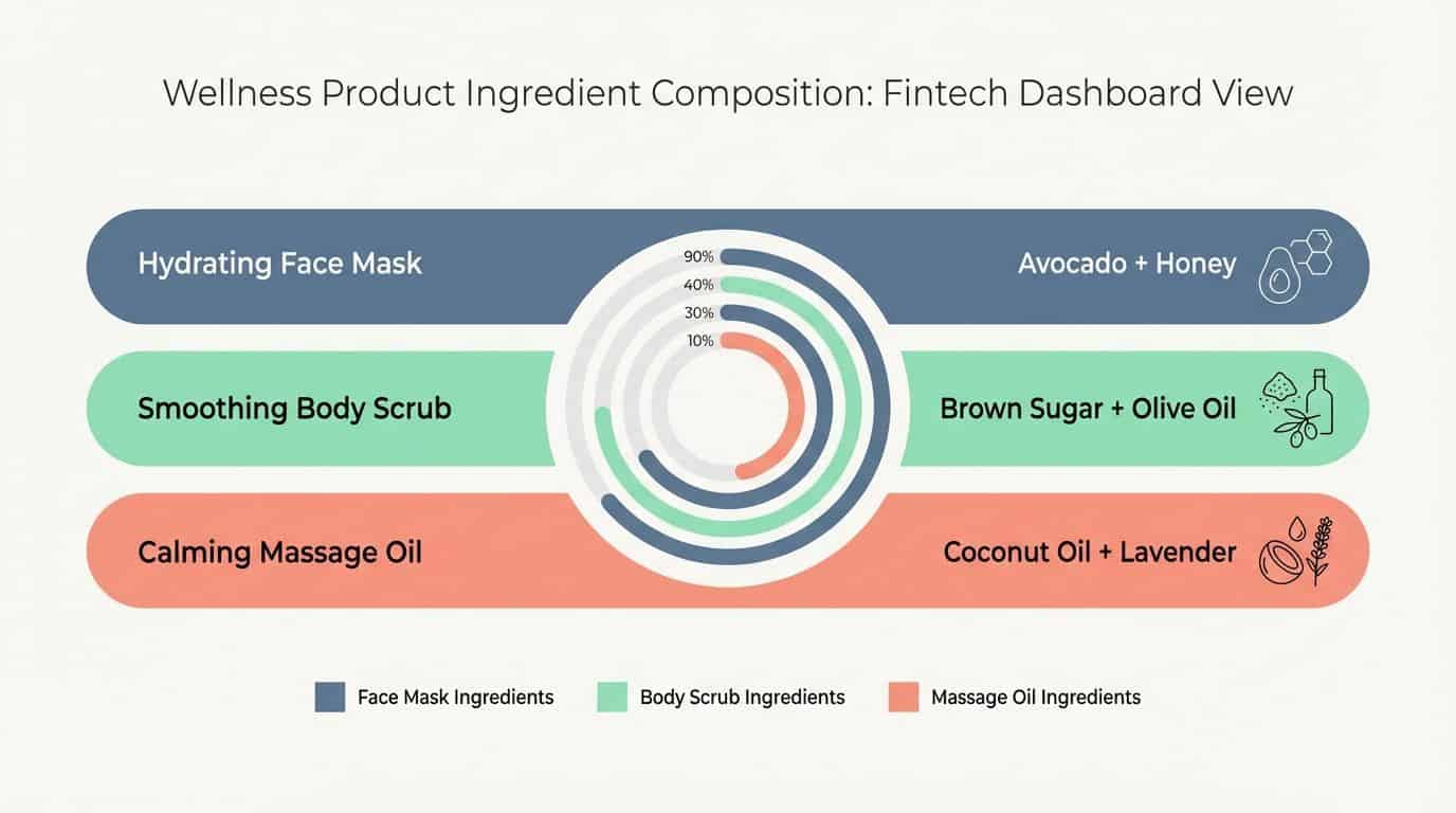 Alt text: Wellness product ingredients chart showcasing face mask, body scrub, and massage oil components with icons for each, highlighting key ingredients like avocado, honey, sugar, olive oil, coconut oil, and lavender.