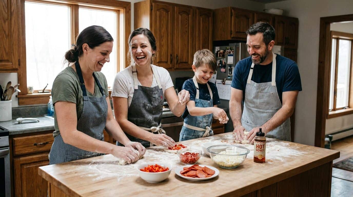 Happy family making homemade pizza, children and parents cooking together at kitchen island with fresh ingredients and dough.