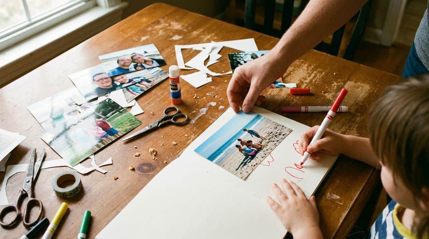 Alt text: Child creating a collage with family photos, using markers and scissors at a wooden table, showcasing DIY photo projects and family memories.
