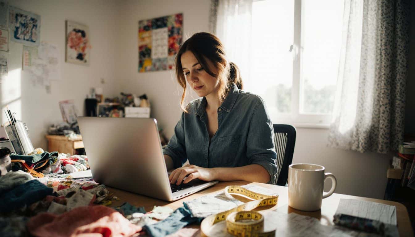 A woman works at a cluttered desk, surrounded by fabric scraps.