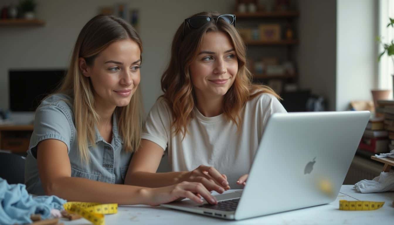 A woman uses a virtual try-on tool at a cluttered table.