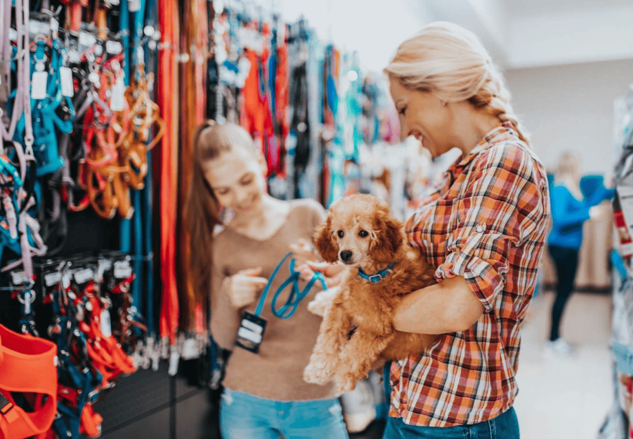 Shopping for Pet Supplies: 6 Mistakes to Avoid 2 An woman happily choosing a small puppy in a pet store, surrounded by colorful pet accessories and leashes, enjoying a shopping experience for her furry friend.