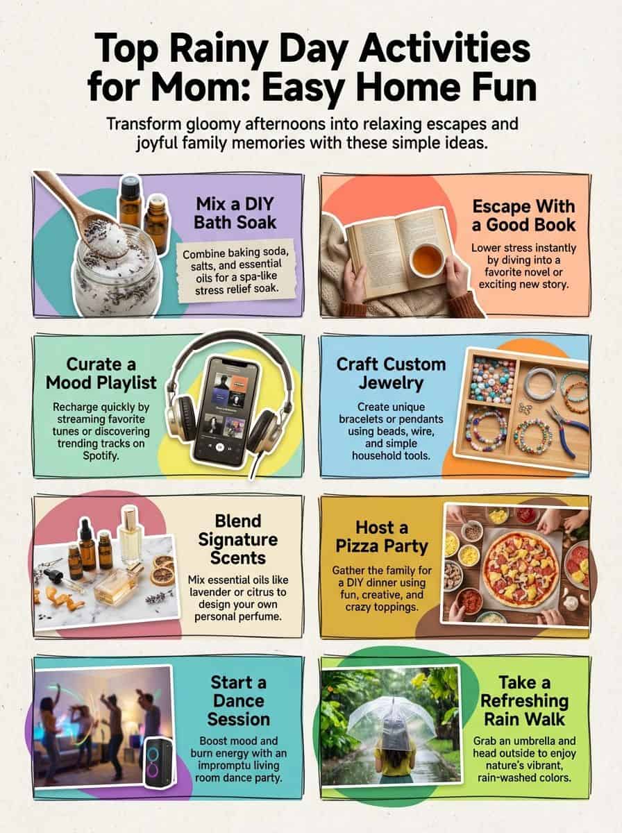 Enjoy fun indoor activities for moms on rainy days including DIY bath soak, reading a good book, creating jewelry, hosting a pizza party, starting a dance session, and taking a refreshing rain walk.