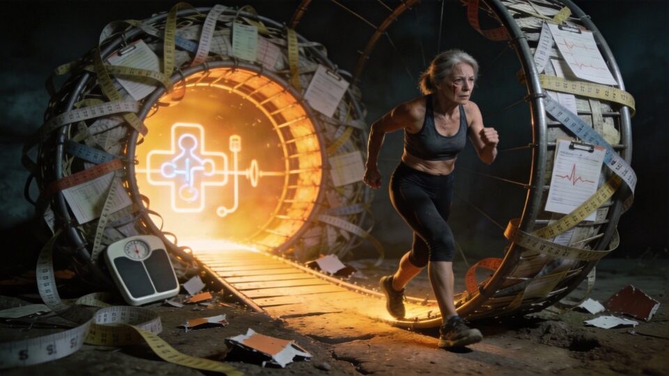 Best Semaglutide Telehealth Programs for Menopause (2026) 2 Elderly woman running through a futuristic tunnel with medical devices and glowing health symbols, representing advanced telehealth programs for diabetes and menopause care.