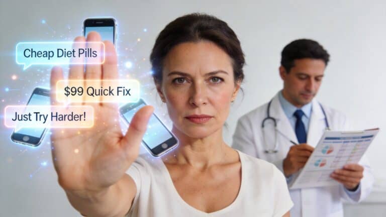 Woman using a smartphone with health-related messages about diet pills and quick fixes, with a doctor in the background, highlighting telehealth menopause treatment options.