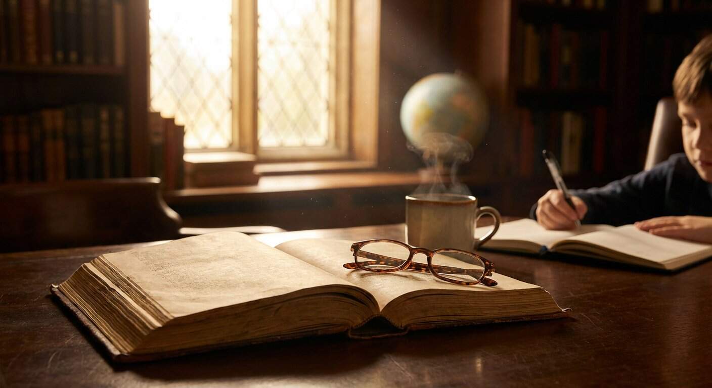Child studying at a wooden desk with open books, a steaming mug, and glasses, in a cozy, well-lit room with bookshelves, illustrating classical education and building thinking skills.