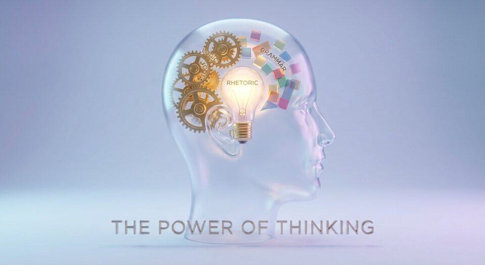 Classical Education Models: Building Thinking Skills & Academic Success 3 Transparent side profile of a human head with gears and a glowing light bulb inside, symbolizing thinking, learning, and intellectual growth.