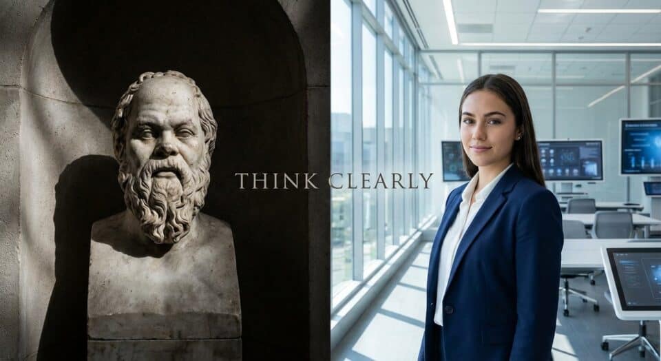 Classical Education Models: Building Thinking Skills & Academic Success 2 Young professional woman in a modern office with a bust of Socrates, emphasizing classical education, critical thinking, and academic success.