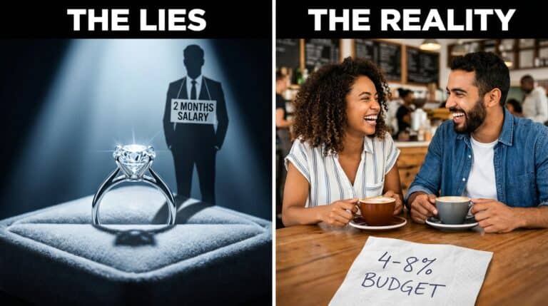 Comparison of myths and facts about engagement ring costs, highlighting the importance of personal budget and real value over societal expectations.