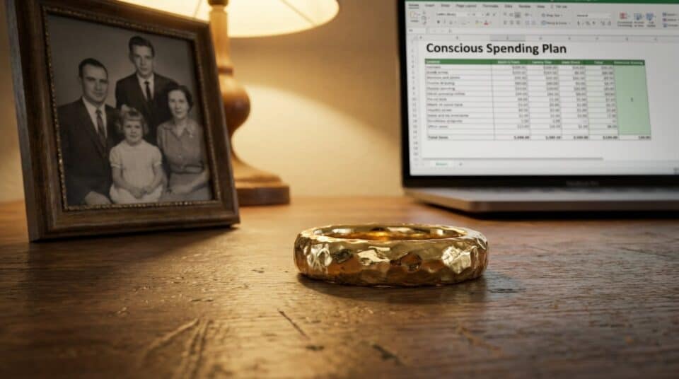 Close-up of a gold ring on a wooden surface with a family photo and a spreadsheet titled "Conscious Spending Plan" in the background, illustrating financial planning for engagement rings.