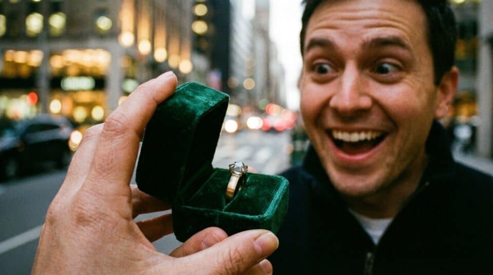 An excited man receives a ring in a green velvet box, ready for a proposal. The urban background features blurred city lights and buildings, highlighting a special moment of engagement planning.