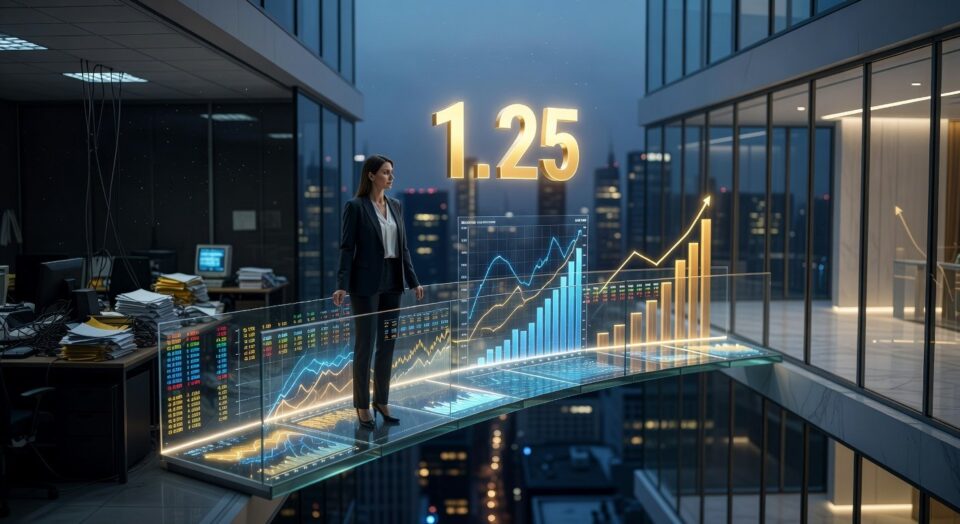 Businesswoman analyzing financial growth charts and data projections on a transparent digital interface in a modern office building.