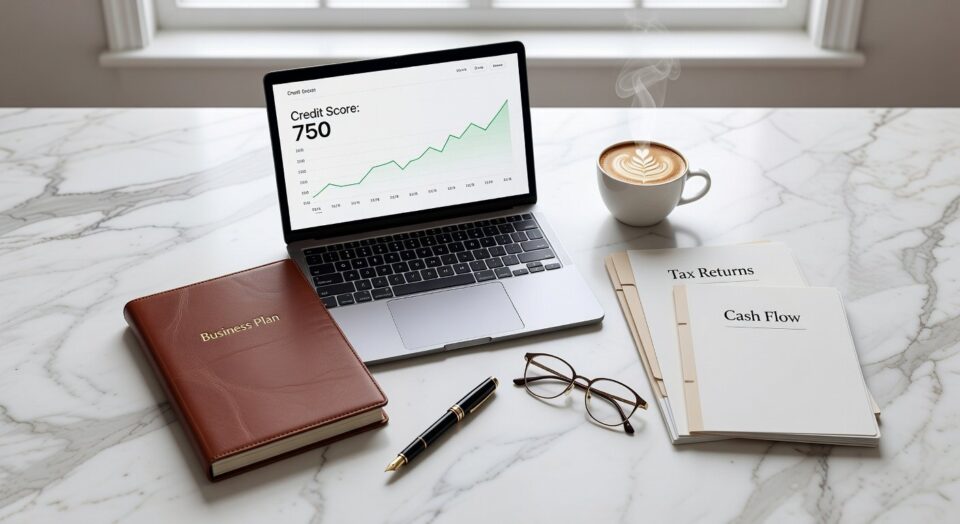 Laptop displaying credit score graph, surrounded by business planning materials including tax returns, cash flow documents, a coffee cup, and glasses, on a marble surface.